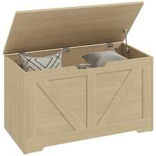 HOMCOM Storage Trunk with 2 Safety Hinges, 80cm, Natural Wood Finish Brown