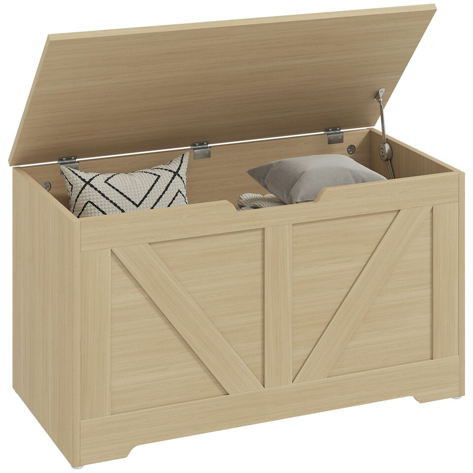 image 1 of HOMCOM Storage Trunk with 2 Safety Hinges, 80cm, Natural Wood Finish | Brown | 80 x 40 x 45 cm
