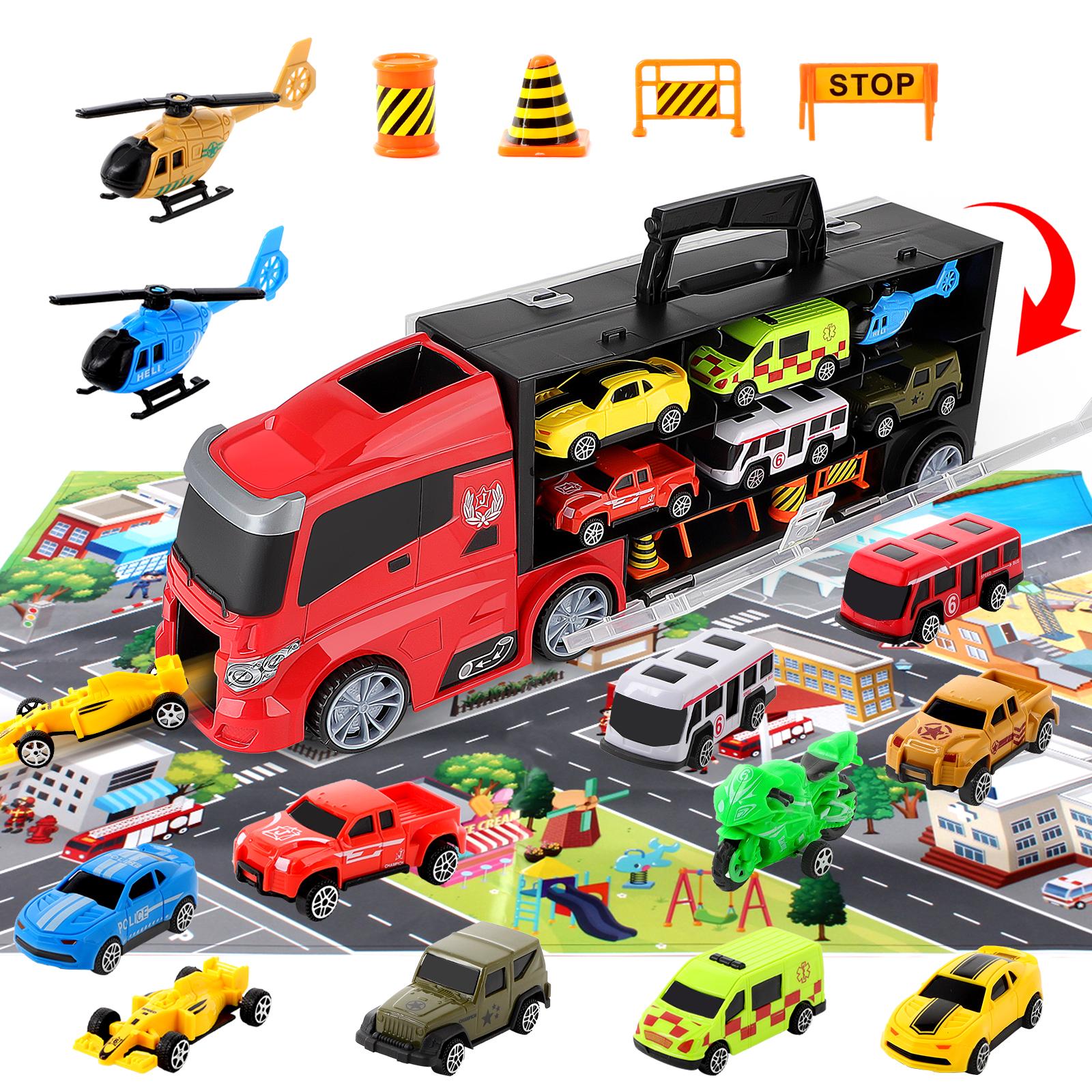 Transporter Truck Carrycase Play Set with 12 Vehicles, Accessories & Play Map – Portable Toy for Kids