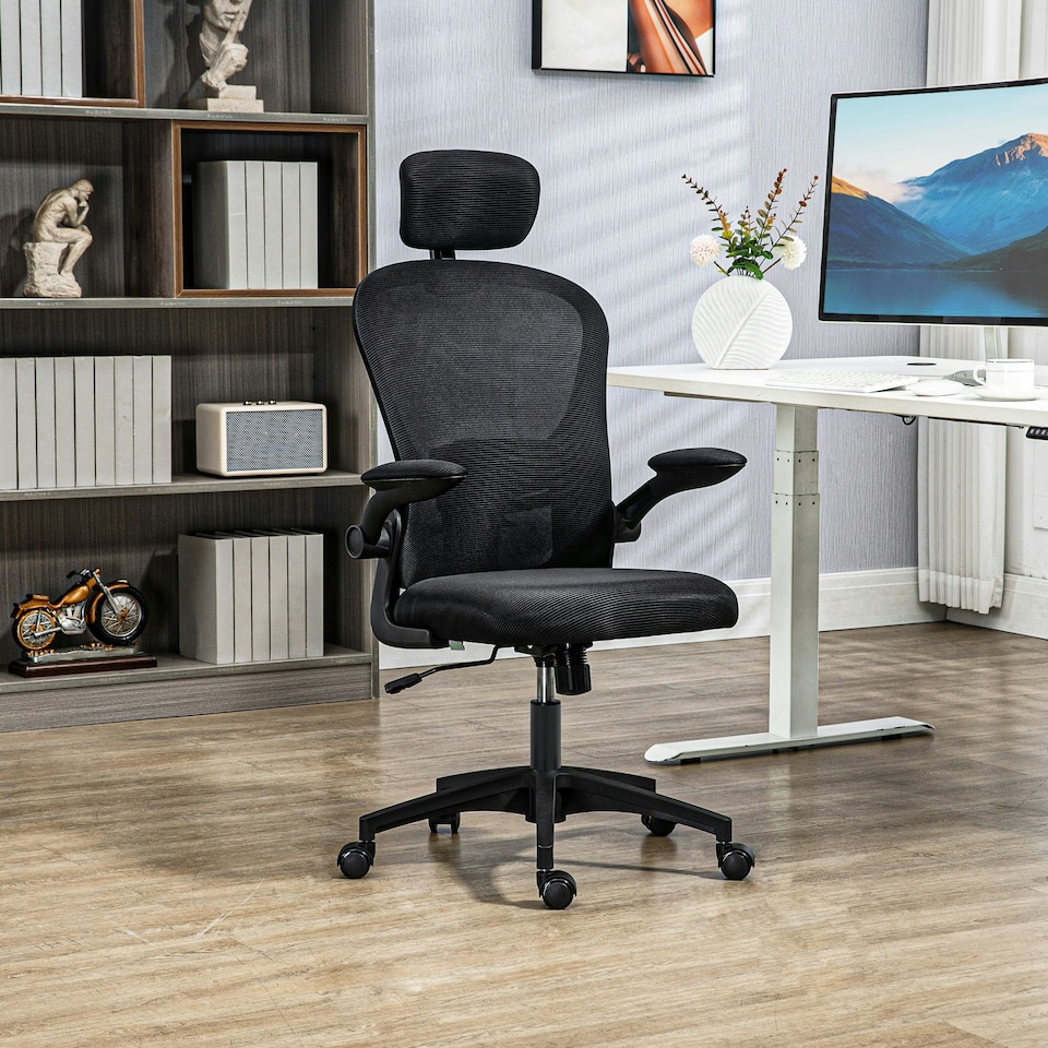 image 1 of Vinsetto Mesh Chair with Headrest, 4D Lumbar Support, Flip-up Arm, Black | Black | One Size