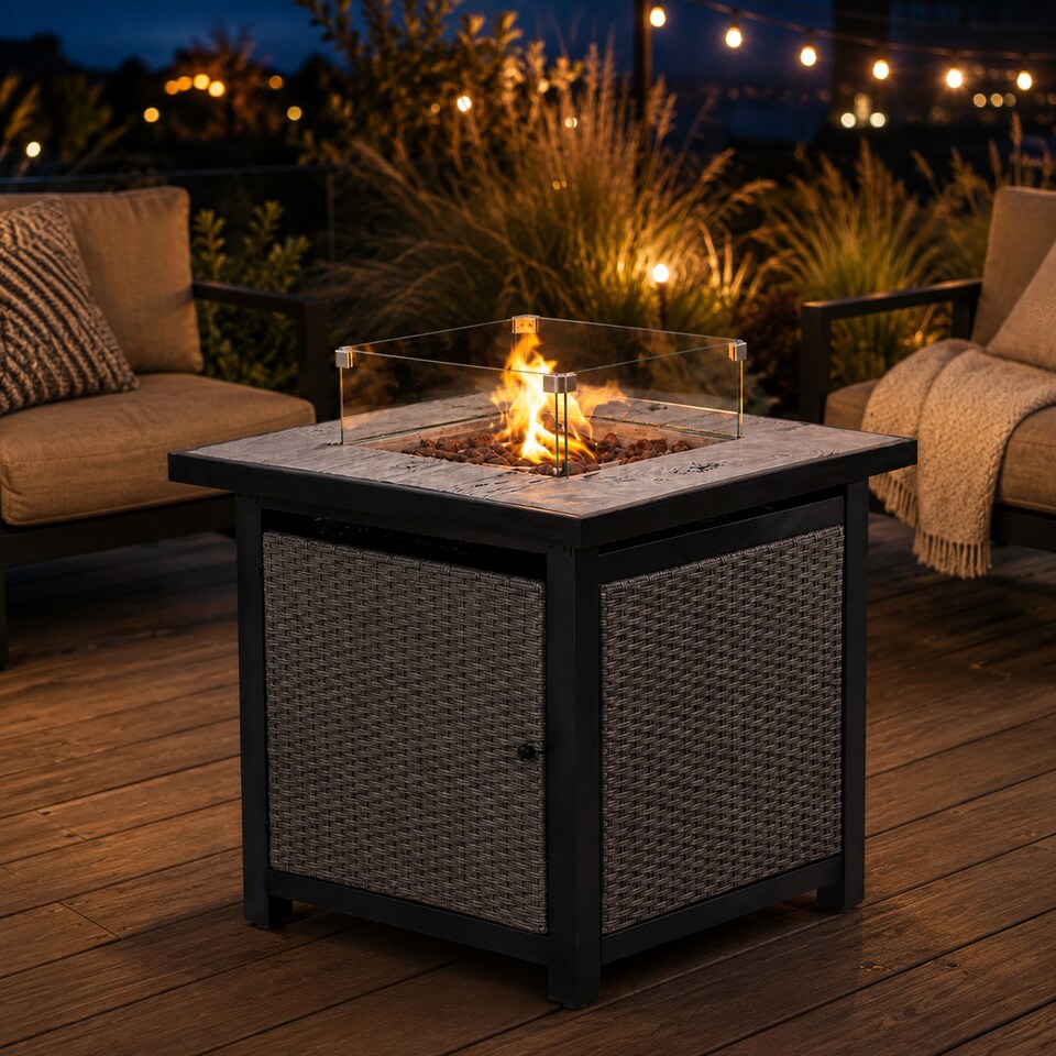 image 1 of Teamson 86cm Propane Gas Fire Pit Table with Rattan Base, 40,000 BTU