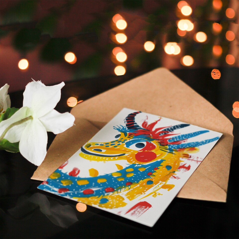 image 1 of Chinese Dragon Yellow Blue Red Paint Sketch Birthday Card