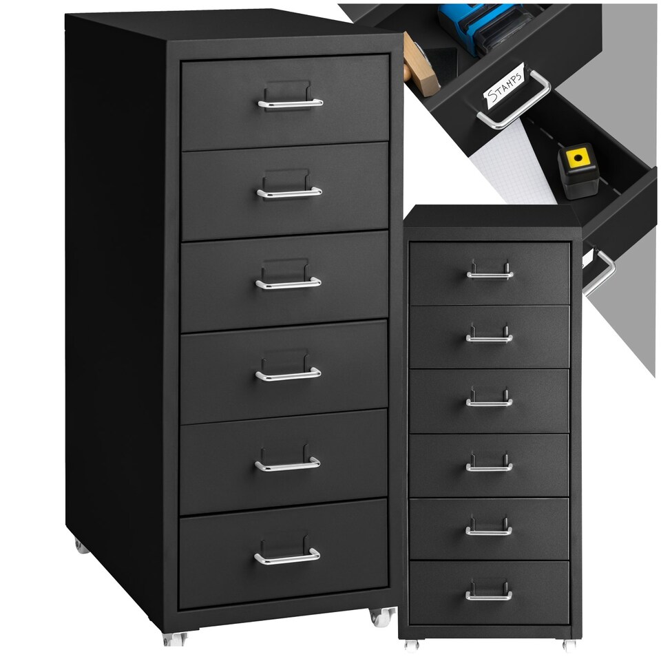 image 1 of Filing Cabinet - made of steel, 4 wheels, 6 drawers, label holders, easy assembly Black