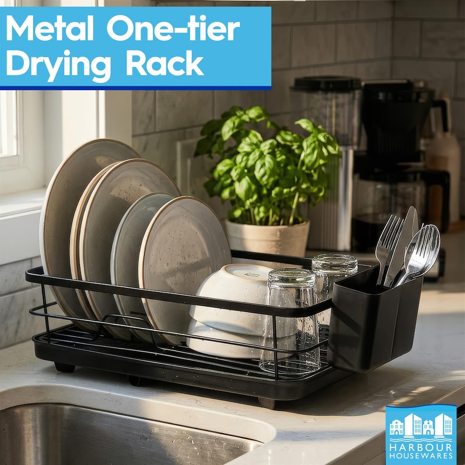 image 1 of Harbour Housewares Metal Kitchen Dish Drainer Rack Cutlery Holder Bowl Plate Drying Rack with Drip Tray