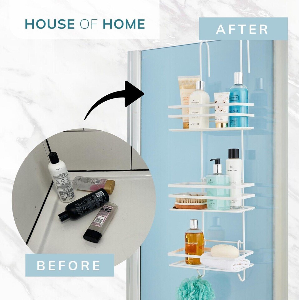 image 1 of House of Home Shower Caddy 3 Tier Bathroom Over The Door Storage Organiser White | White