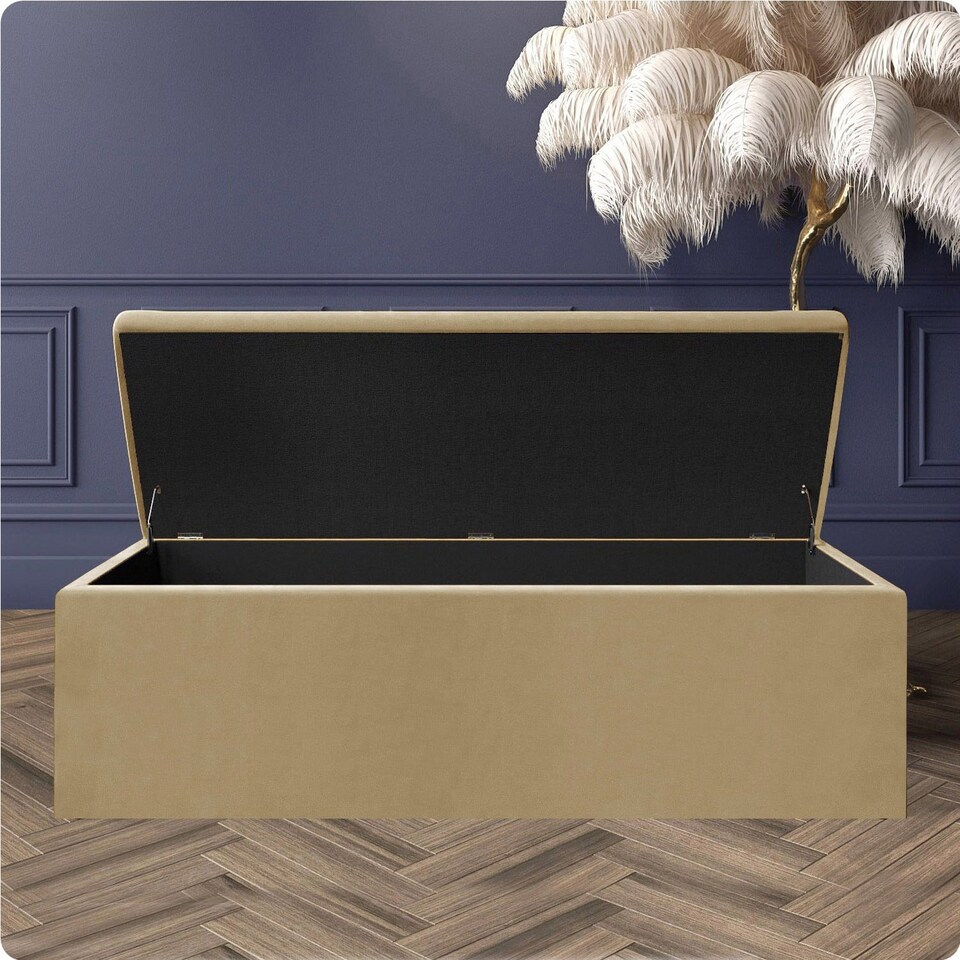 image 1 of 90cm Large Plain Safar Storage Ottoman Box, Mink Plush Velvet Upholstered Deep Storage Ottoman End of Bed Bench
