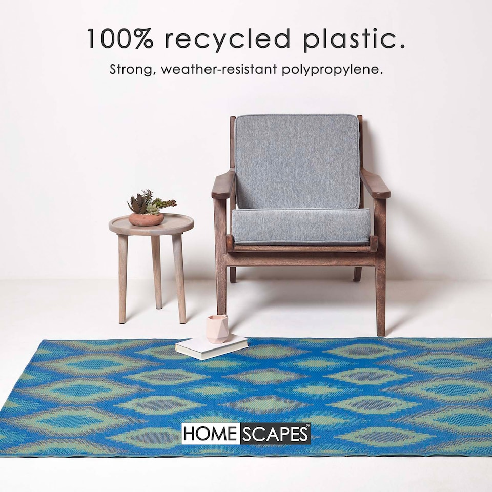 image 1 of Homescapes Outdoor Rug Luxury Waterproof Reversible Recycled, For Garden, Amber Ikat | Blue | Blue and Green
