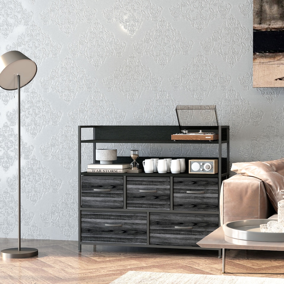 image 1 of HOMCOM Bedroom Chest of Drawers, Fabric Dresser with 5 Drawers, Storage Organiser Unit with Open Shelves and Metal Frame for Living Room, Entryway, Black | Black | Black