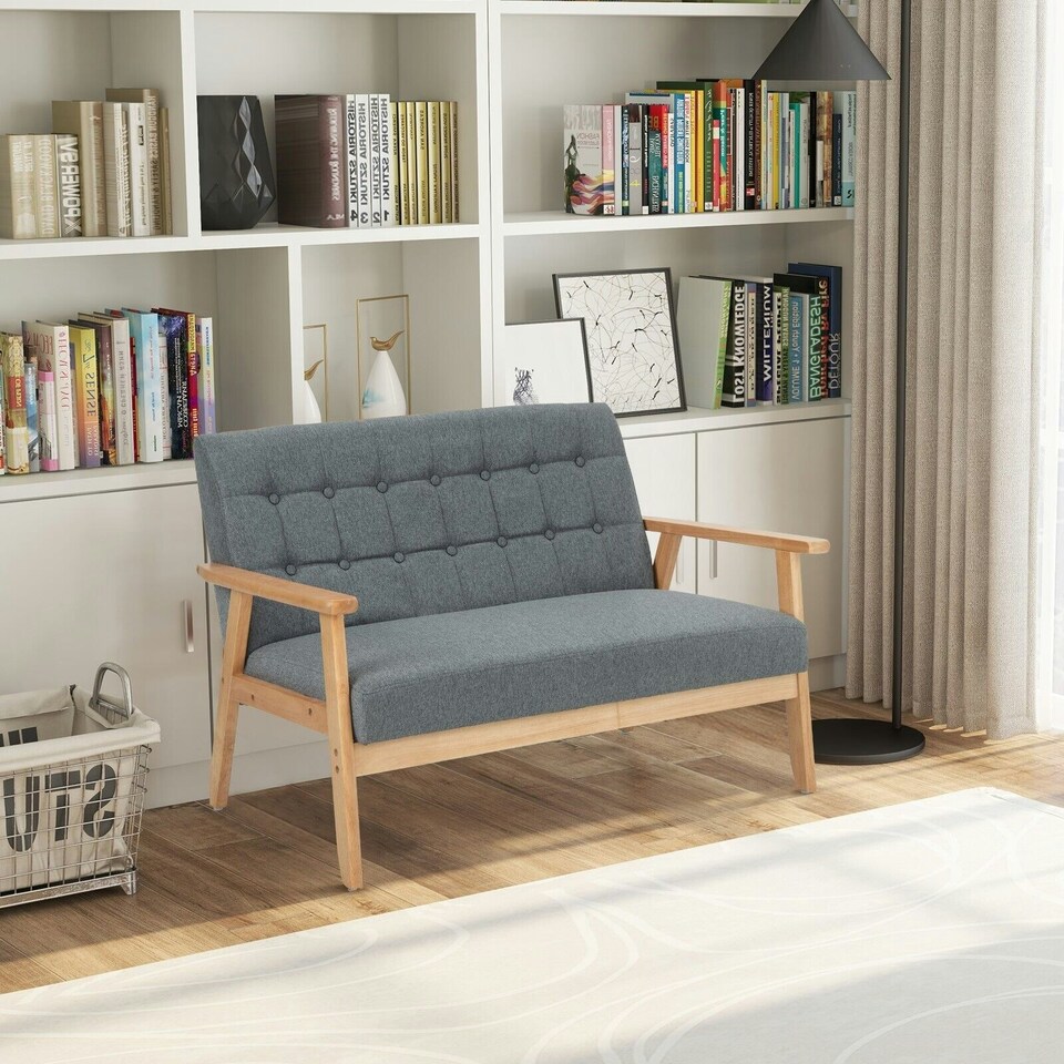 image 1 of COSTWAY Wooden 2-Seater Loveseat Upholstered Lounge Chair Grey