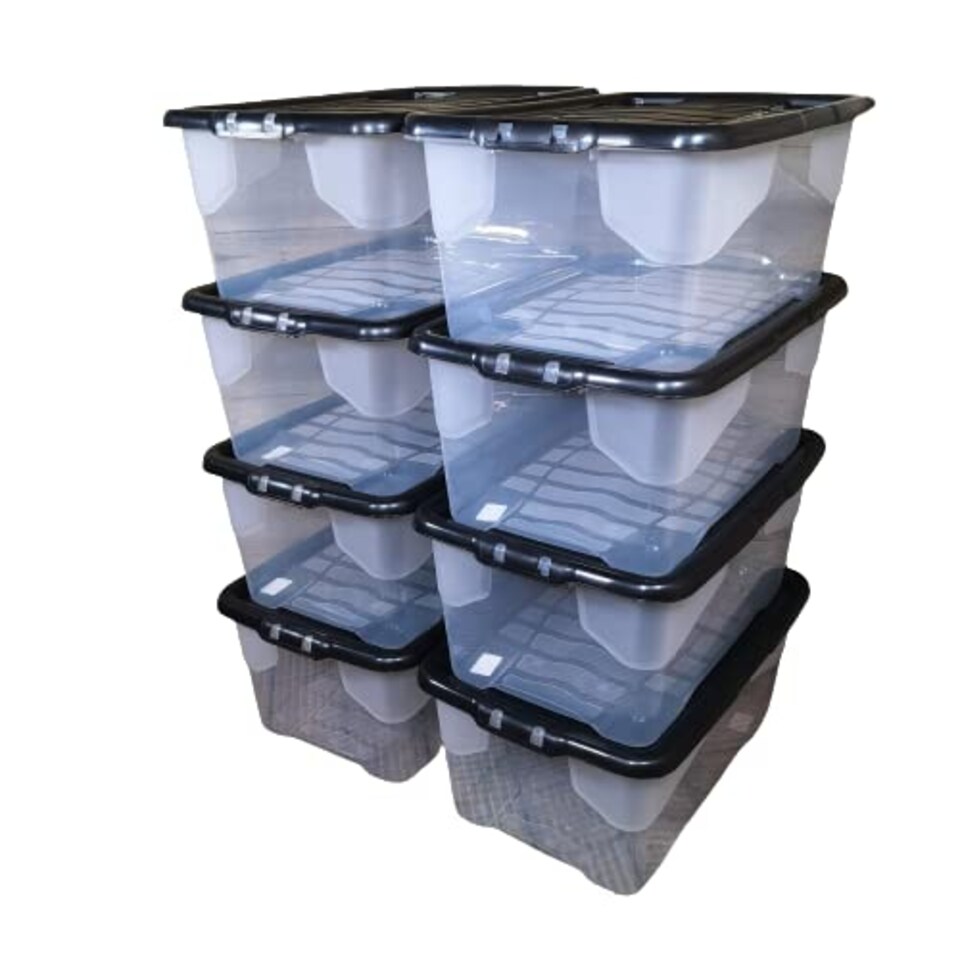 image 1 of 8 x 42L Clear Storage Box with Black Lid, Stackable and Nestable Design Storage Solution