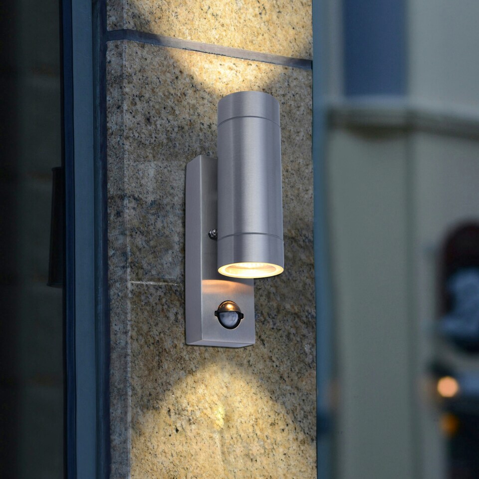 image 1 of Rado - Stainless Steel IP44 Outdoor Motion Sensor Up Down GU10 Wall Light Silver | Clear