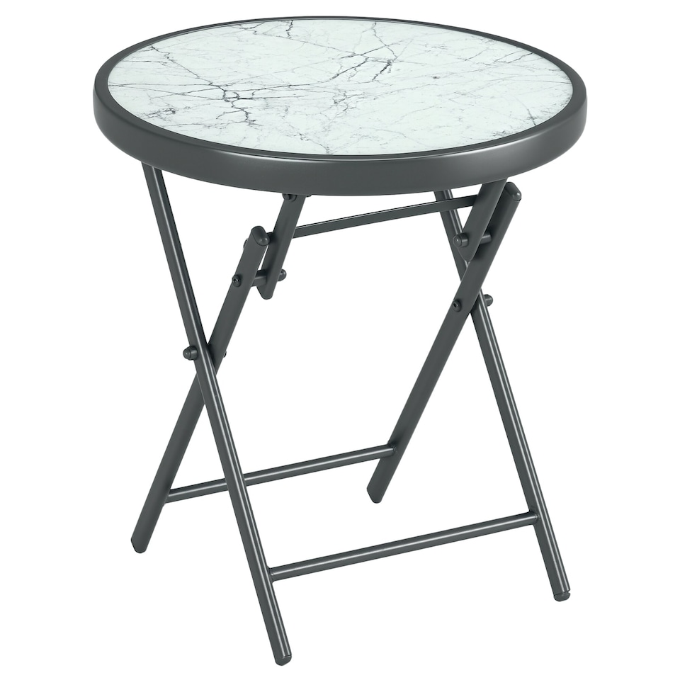 image 1 of Outsunny Round Folding Side Table w/ Imitation Marble Glass Top, White