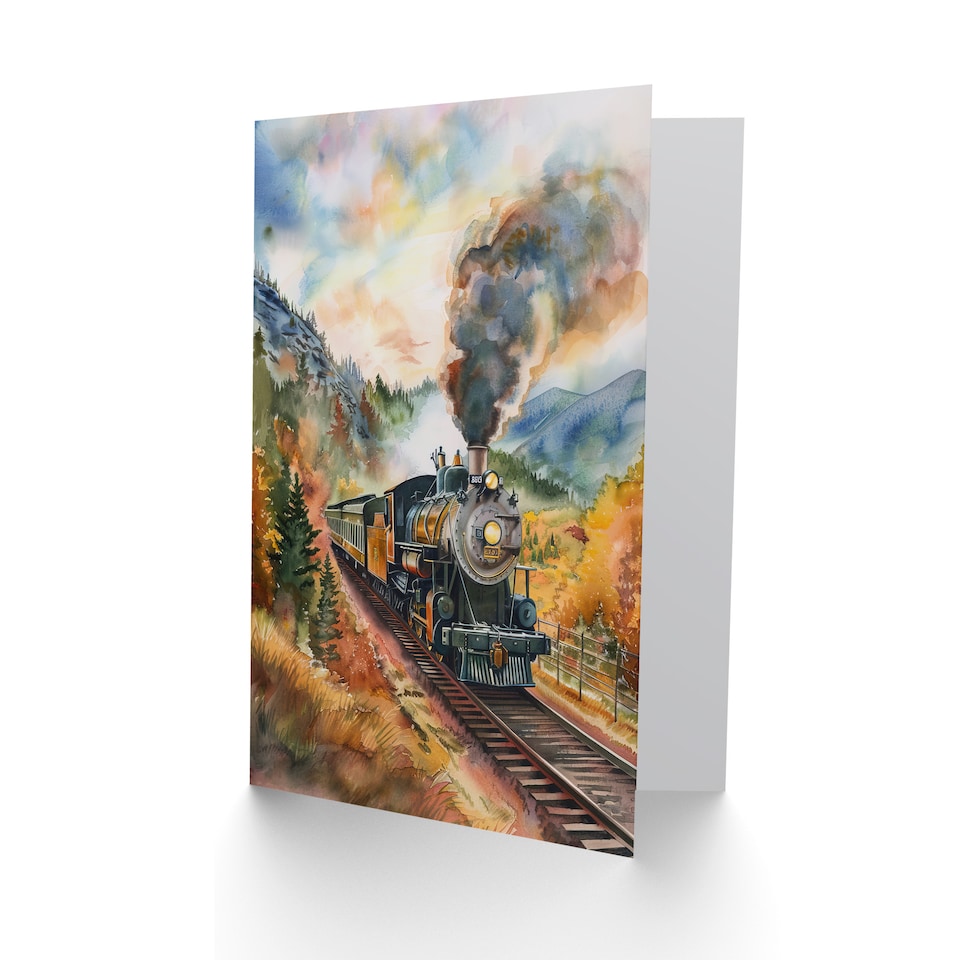 image 1 of Greeting Card Locomotive Train Passing Through Autumn Forest Good Luck