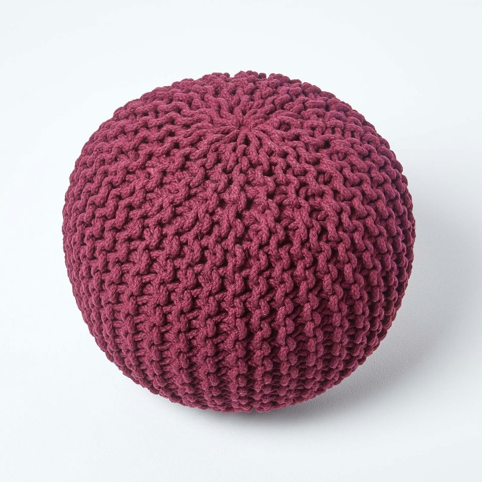 image 1 of Homescapes Plum Round Cotton Knitted Pouffe Footstool - 35 x 40 cm