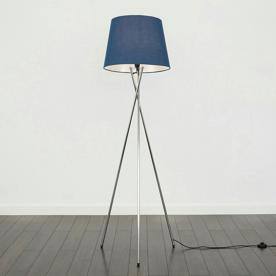 image 1 of ValueLights Camden Chrome Tripod Floor Lamp Navy Taper Shade & Bulb Blue