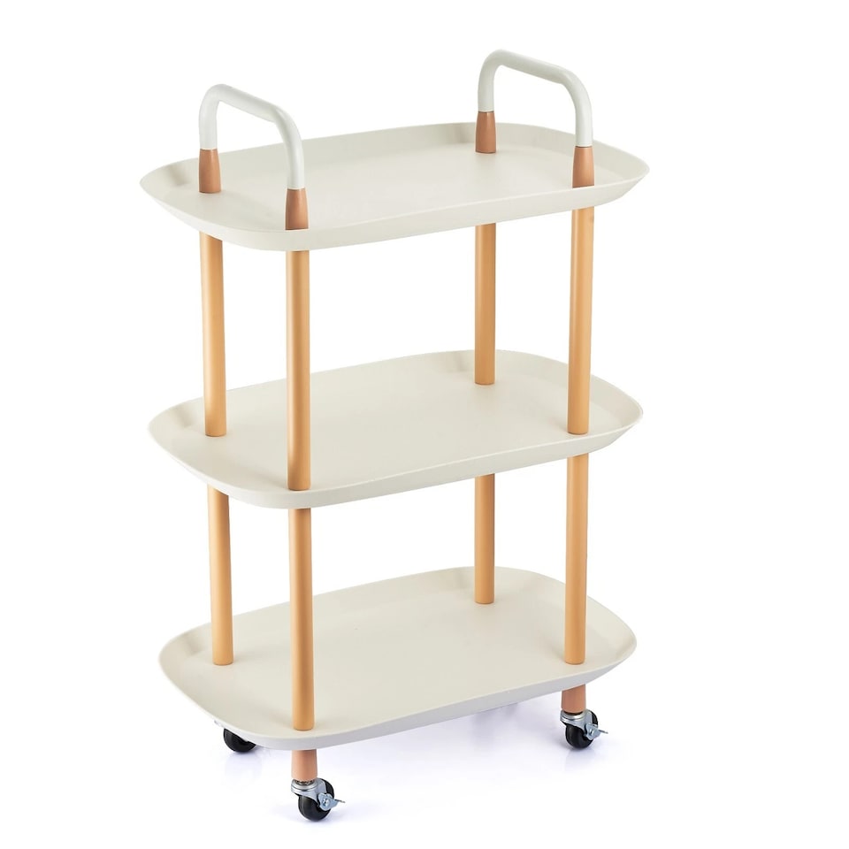 image 1 of 3 Tier Beech Wood & Plastic Serving Storage Trolley Food Drinks Cart on Wheels | White | White | 3 Tier | 1