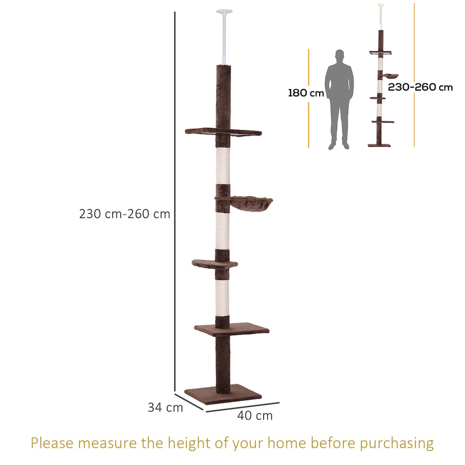 image 1 of PawHut Floor to Ceiling Cat Tree 5-Tier Climbing Tower Scratching Post