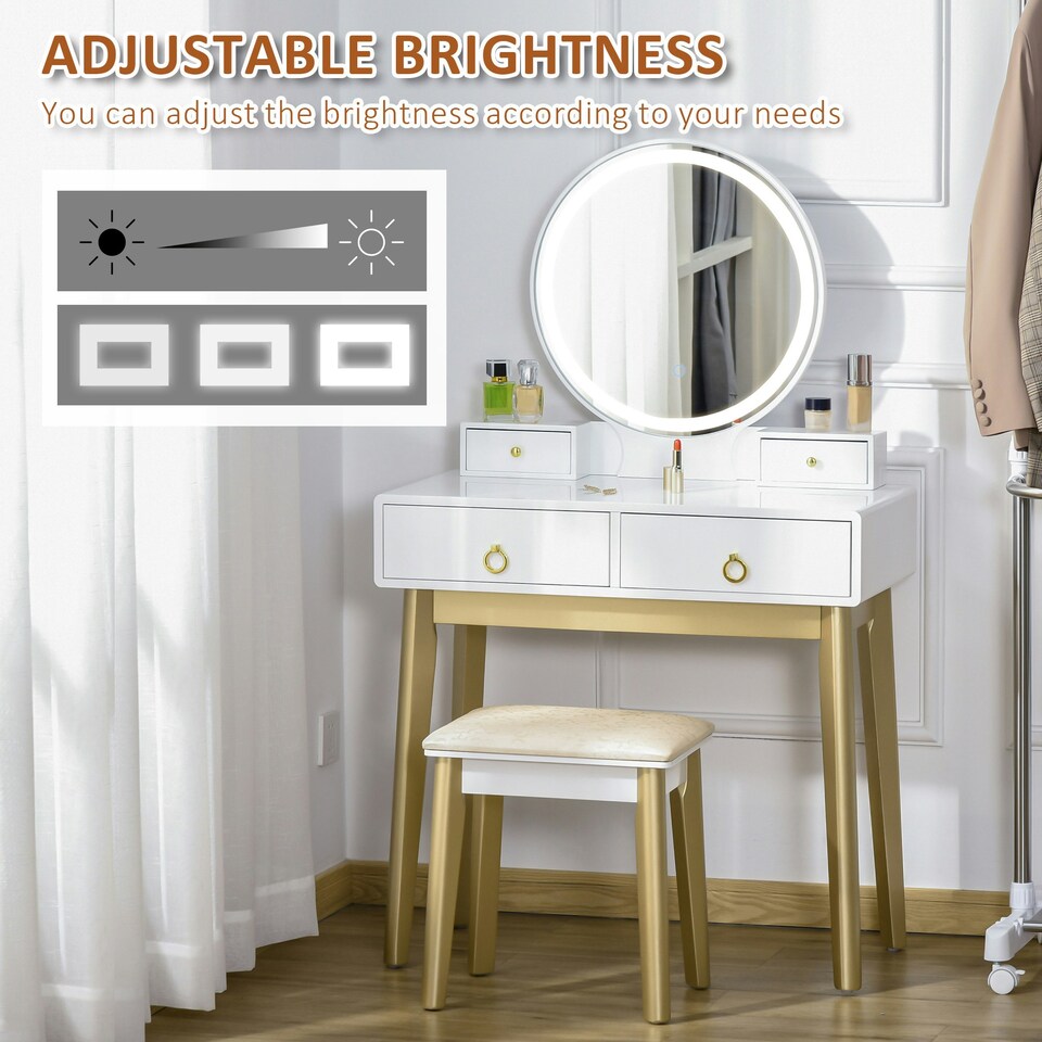 image 1 of HOMCOM Dressing Table Set With LED Mirror, Stool & 4 Drawers Makeup Desk White