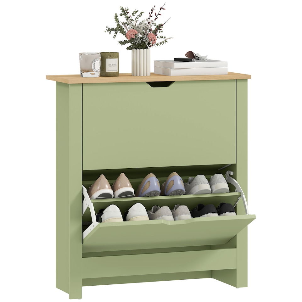 image 1 of HOMCOM 12-Shoe Storage Cabinet 4 Shelves 2 Drawers Tabletop Green | Green