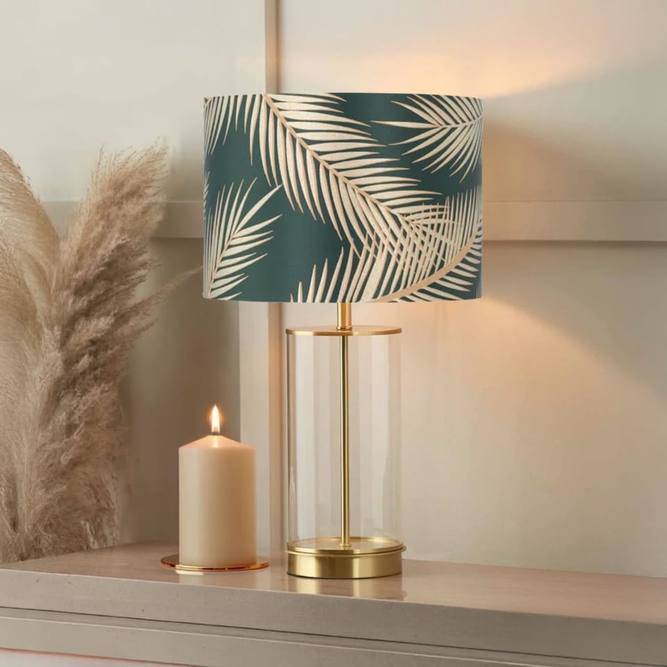 image 1 of Tropica - Dark Green with Gold Embossed Leaf Detail 30cm Pendant Shade | Green | Large | 1