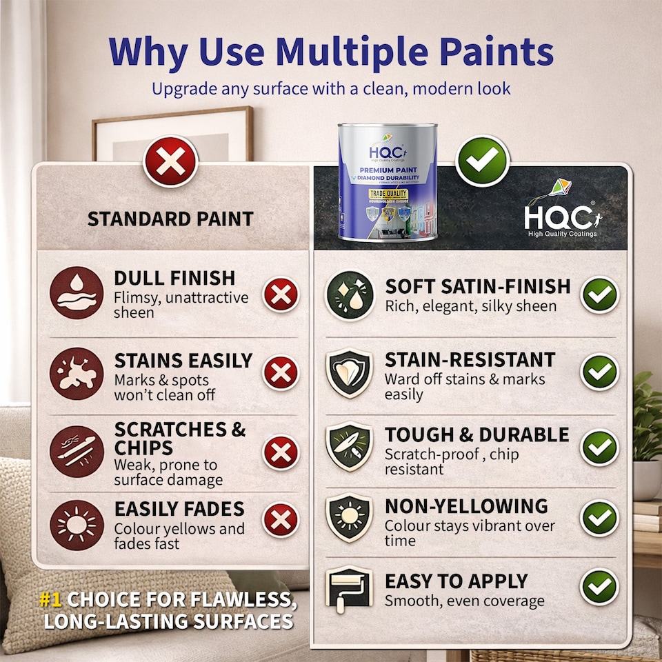 image 1 of HQC Satin Paint - Smooth, Durable Satin Finish For Walls & Ceilings - Satin White - 1L
