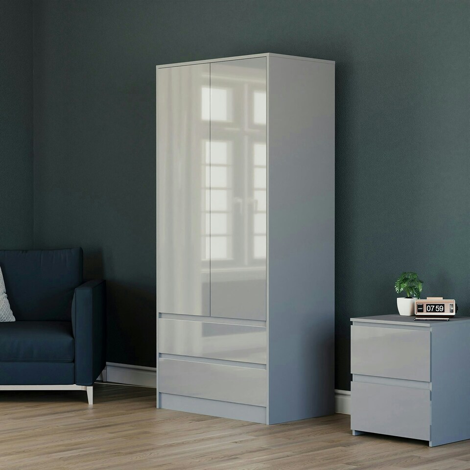 image 1 of Vida Designs Glinton 2 Door 2 Drawer Wardrobe High Gloss Doors With Shelf & Clothes Rail, 100% FSC, Grey