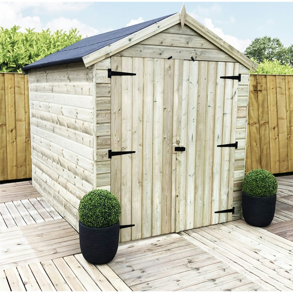 8 x 6 Windowless Premier Pressure Treated Tongue And Groove Apex Shed With Higher Eaves And Ridge Height And Double Doors (8' x 6' / 8ft x 6ft) (8x6)