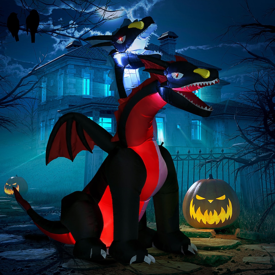 image 1 of HOMCOM 7FT Tall Halloween Inflatable Dragon with 2 Heads and LED Lights, Blow Up Halloween Party Decoration for Indoor Outdoor Yard Lawn Garden