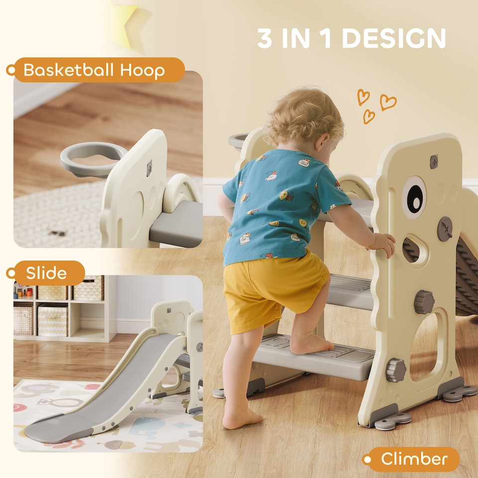 image 1 of AIYAPLAY Foldable Kids Slide with Climber, Basketball Hoop, Cream White