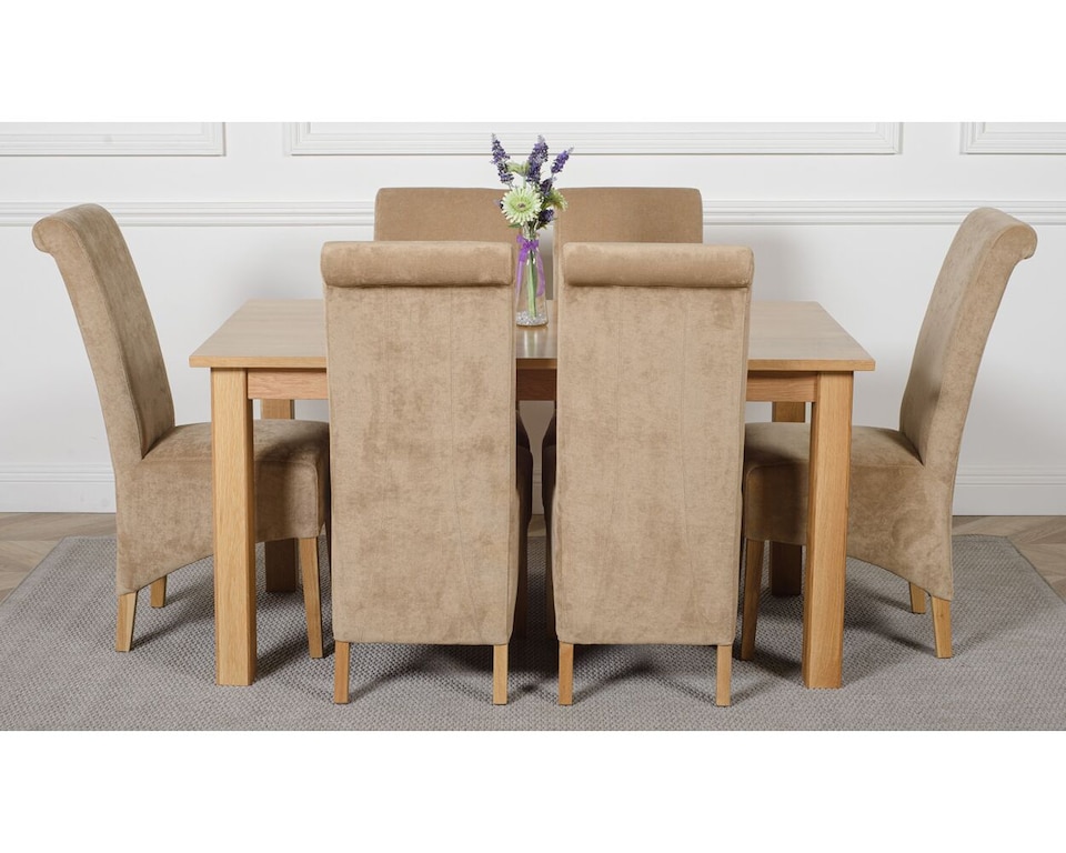 image 1 of Oslo 150 x 90 cm Medium Oak Dining Table and 6 Montana Fabric Chairs | Brown | Beige