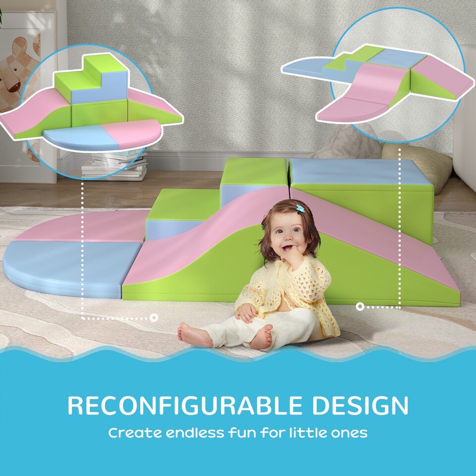 image 1 of HOMCOM 6 Piece Soft Play Equipment for Kids Climb and Crawl, Pink