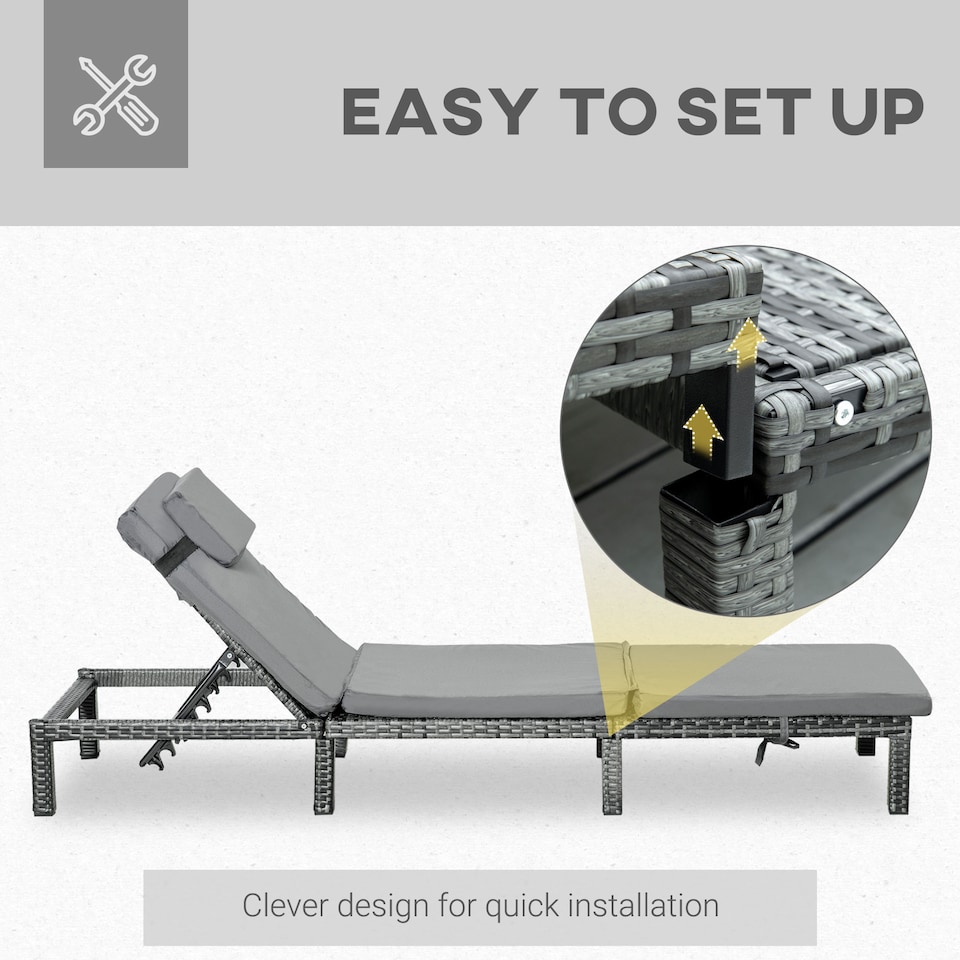 image 1 of Outsunny Rattan Sun Lounger, 5-Level Adjustable Garden Lounger Recliner with Cushion and Headrest, Outdoor Reclining Sunbed, Steel Frame Garden Chair for Patio, Beach, Terrace, Dark Grey