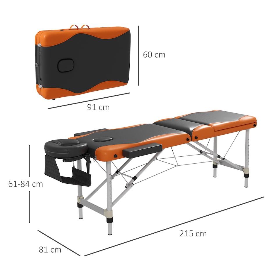 image 1 of HOMCOM Foldable Massage Bed Portable Table, 3-Section Aluminium Foldable Beauty Couch, Professional Salon Spa Table with Headrest Support and Carry Bag, 60 cm Width, Black and Orange