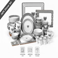 56pc Grey Heart Dinner Set