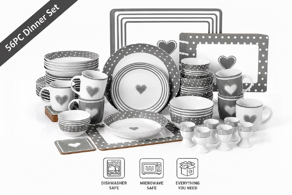 image 1 of 56pc Grey Heart Dinner Set