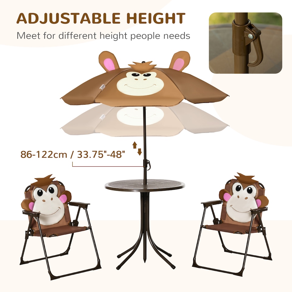 image 1 of Outsunny Kids Foldable Four-Piece Garden Set w Table, Chairs, Umbrella - Brown