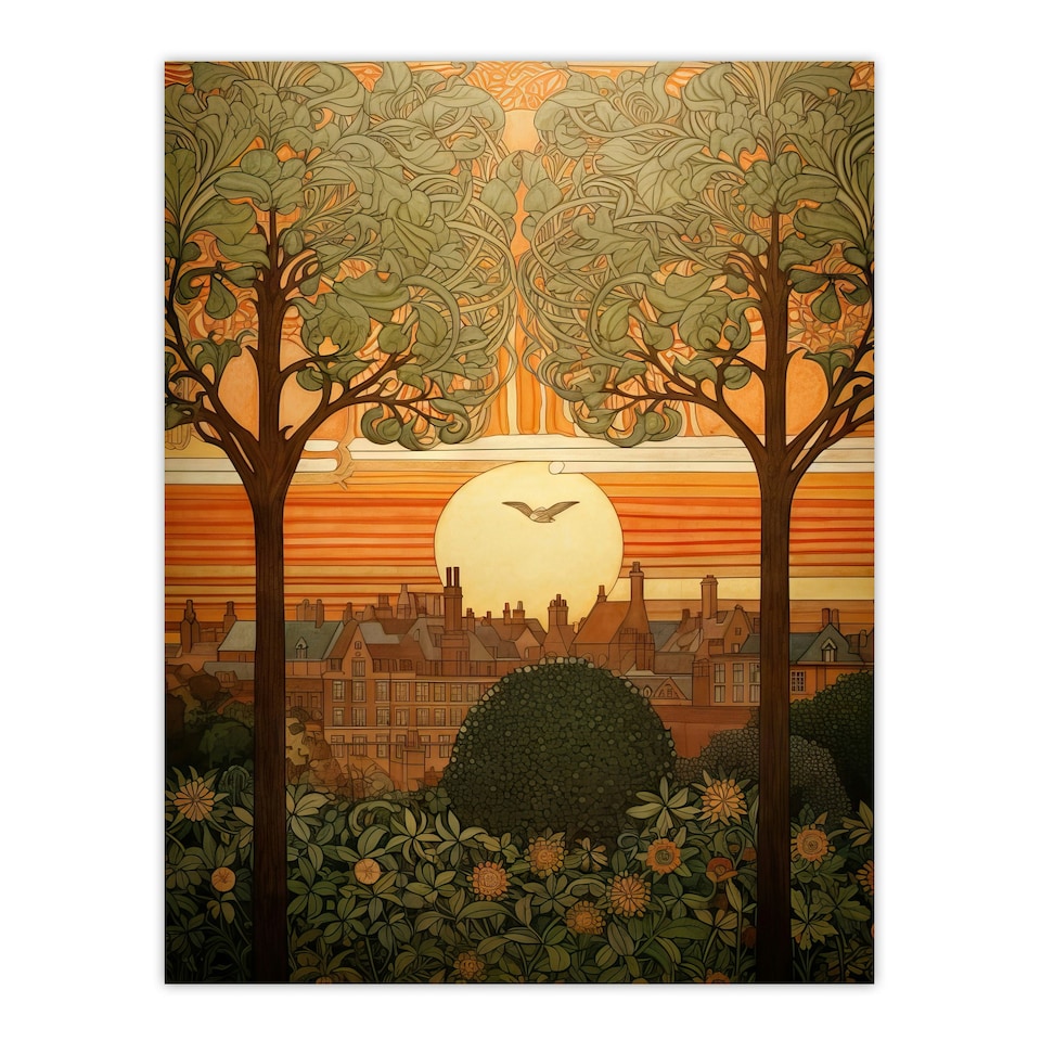image 1 of Art Nouveau Autumn Village Sunset Home Decor Black Framed Wall Art Print A4