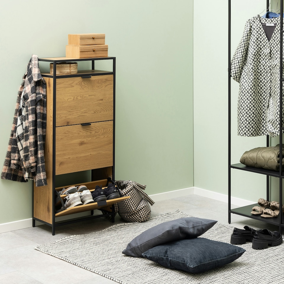 image 1 of Seaford Shoe Cabinet in Black and Oak