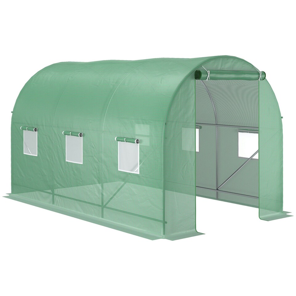 image 1 of Outsunny 3.5 x 2m Walk-In Polytunnel Greenhouse with Roll Up Door Windows Green
