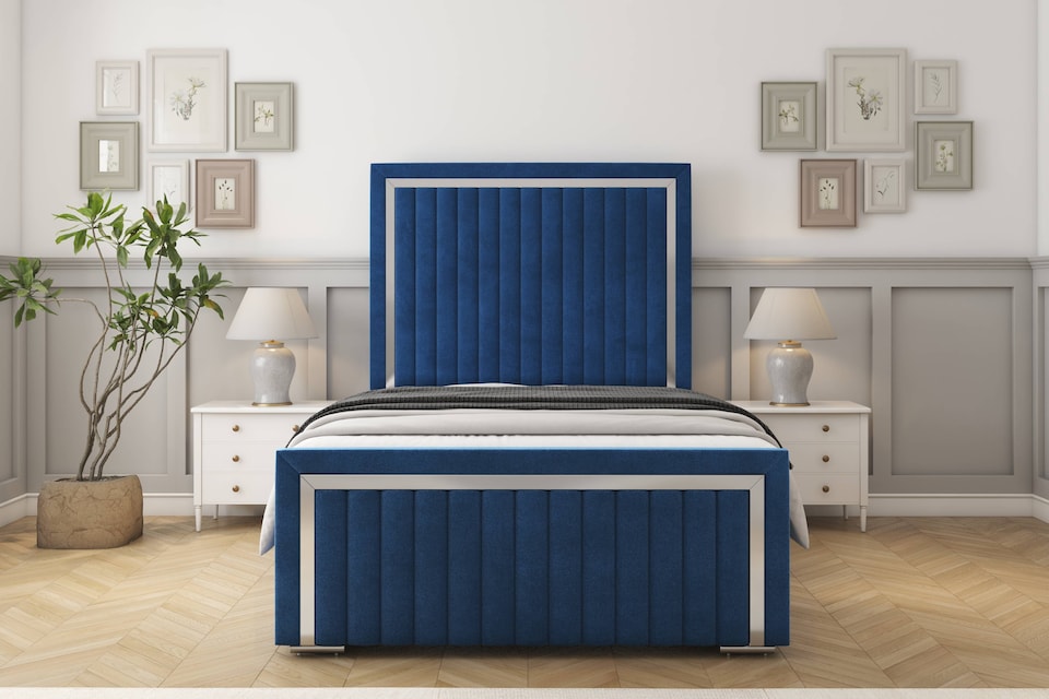 image 1 of Sloomy Boston Chrome Navy Plush Bed Frame With 50" Upholstered Headboard 5' King