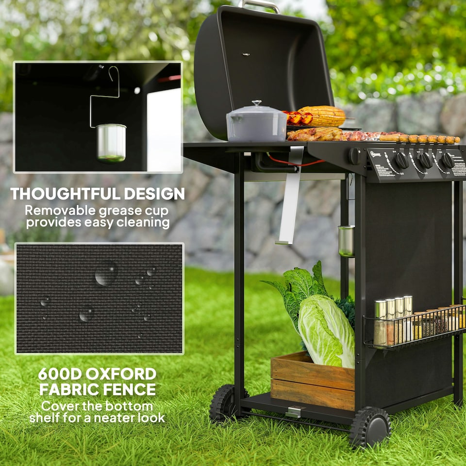 image 1 of Outsunny 4 Burner Gas Barbecue Grill Portable Gas BBQ Grill with Lid, Black