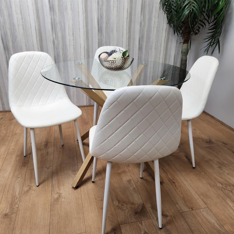 image 1 of Kosy Koala Round Glass Dining Table Set With 4 White Gem Pattern Chairs Dining Room Furniture