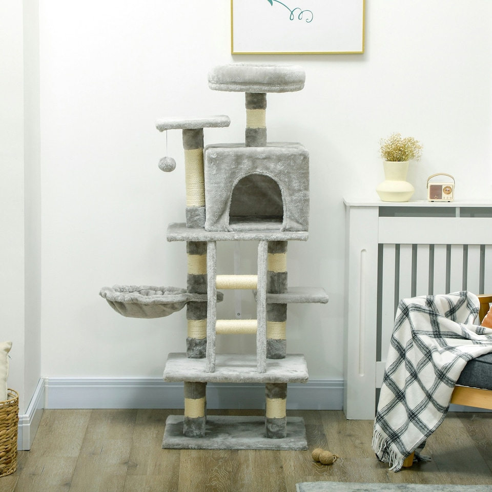 image 1 of PawHut 132cm Cat Activity Centre for Large Cats with Scratching Posts Grey