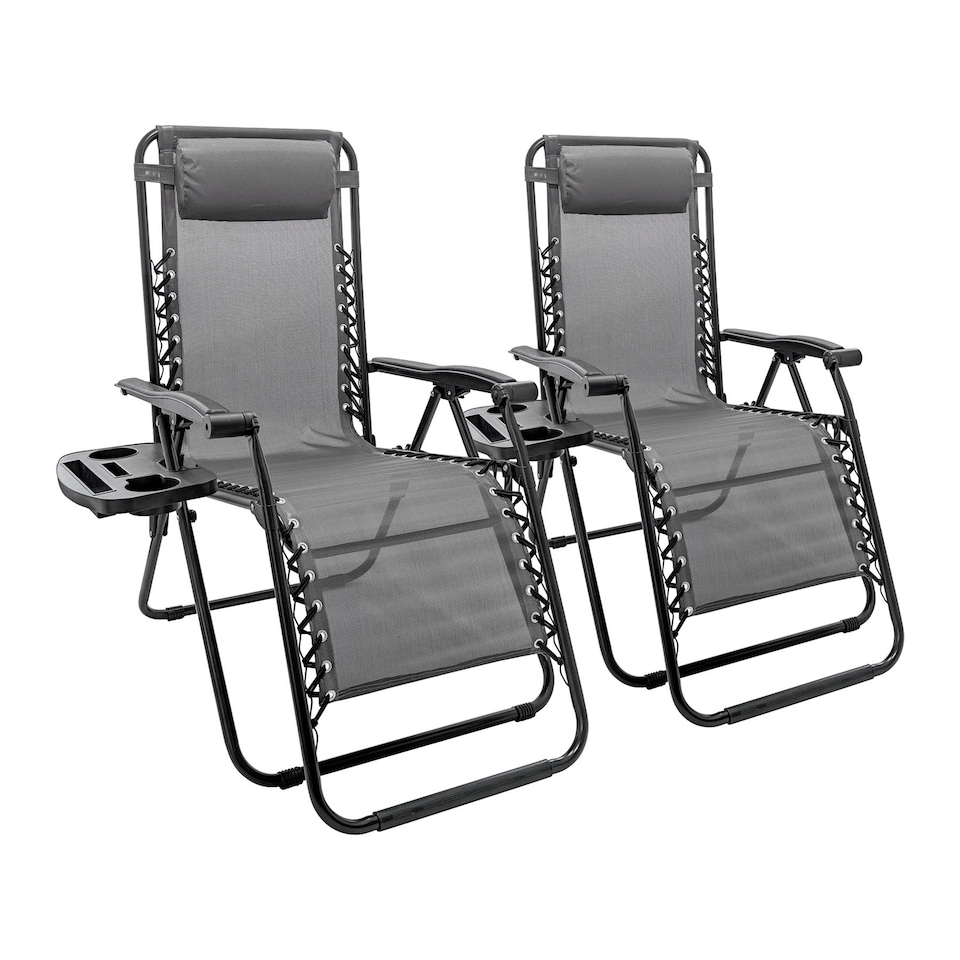 image 1 of Harbour Housewares Zero Gravity Chairs - Grey - Set of 2 - Reclining Folding Garden Patio Beach Loungers with Cup Holders