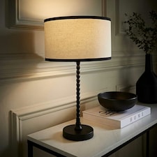 ValueLights Maeve Natural Linen Black Trim Drum Shade Matte Black Bobbin Bobble Table Lamp | Black