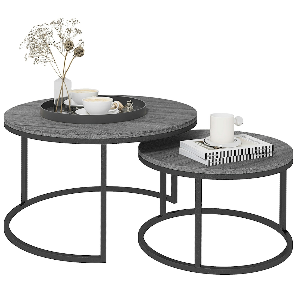 image 1 of HOMCOM 2 Pcs Stacking Coffee Table Set Steel Frame, Marble Grey Black