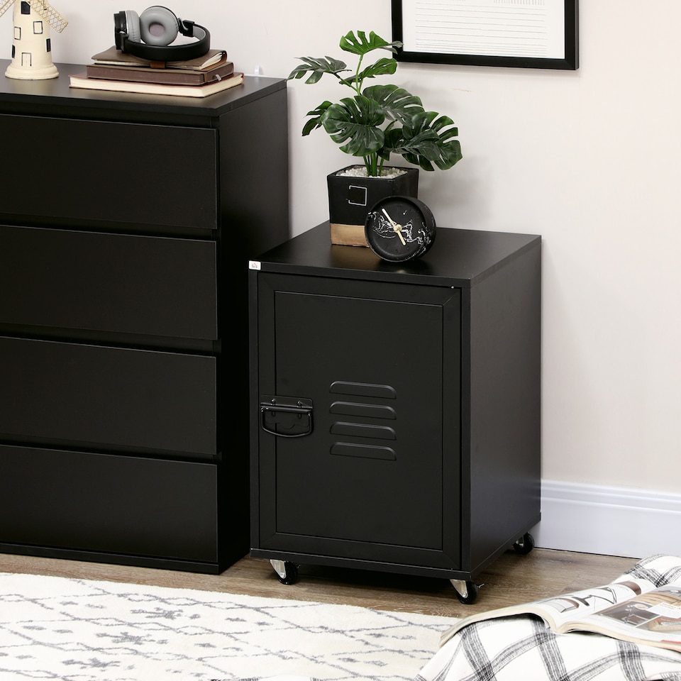 image 1 of HOMCOM Rolling Metal Filing Cabinet, Industrial Mobile Storage Cabinet with Adjustable Shelf and Wheels for Home Office Living Room, Black