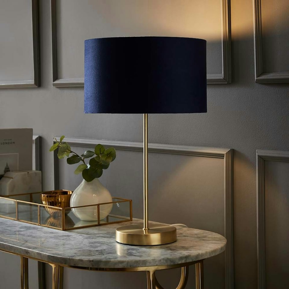 image 1 of ValueLights Charlie Gold Table Lamp Navy Velvet Shade 
