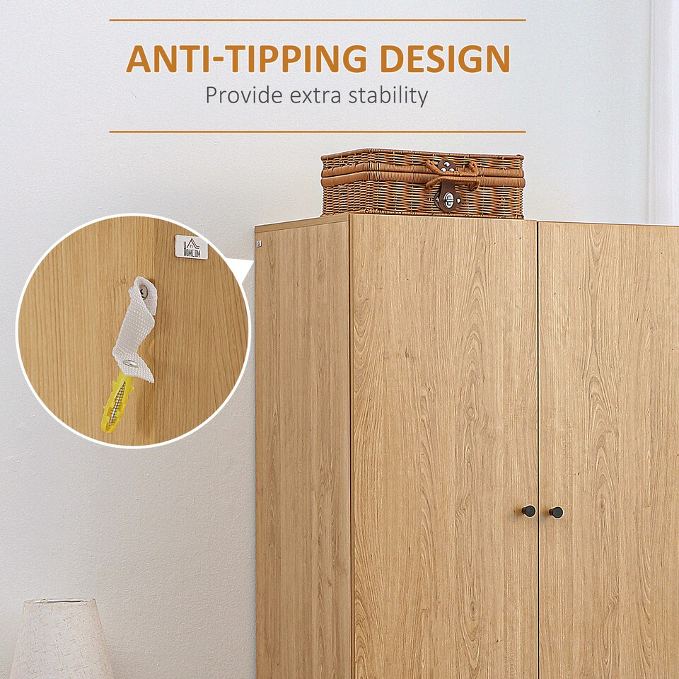 image 1 of HOMCOM 2 Door Wardrobe with 2 Drawers, Hanging Rail, Anti-tipping Design for Bedroom Clothes Storage Organiser, Natural Wood Colour