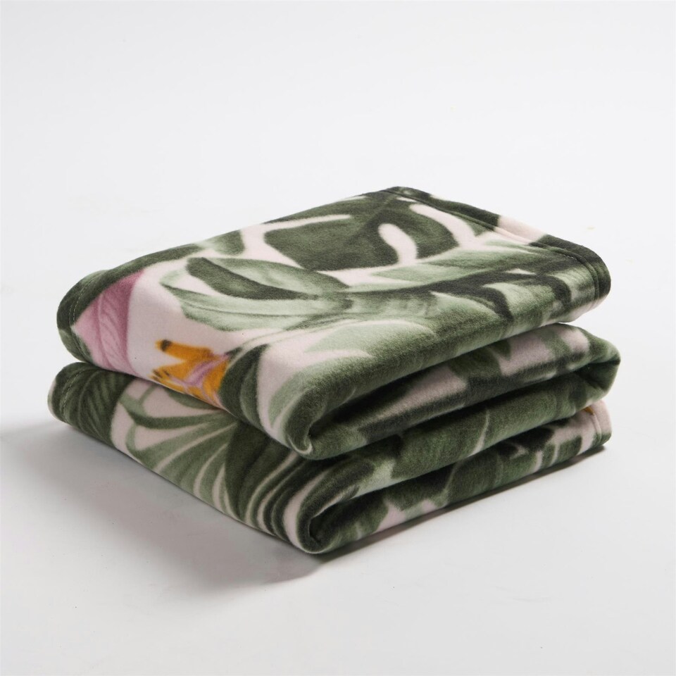 image 1 of OHS Tropical Floral Print Soft Polar Fleece Blanket Throw, 120x150cm - Green